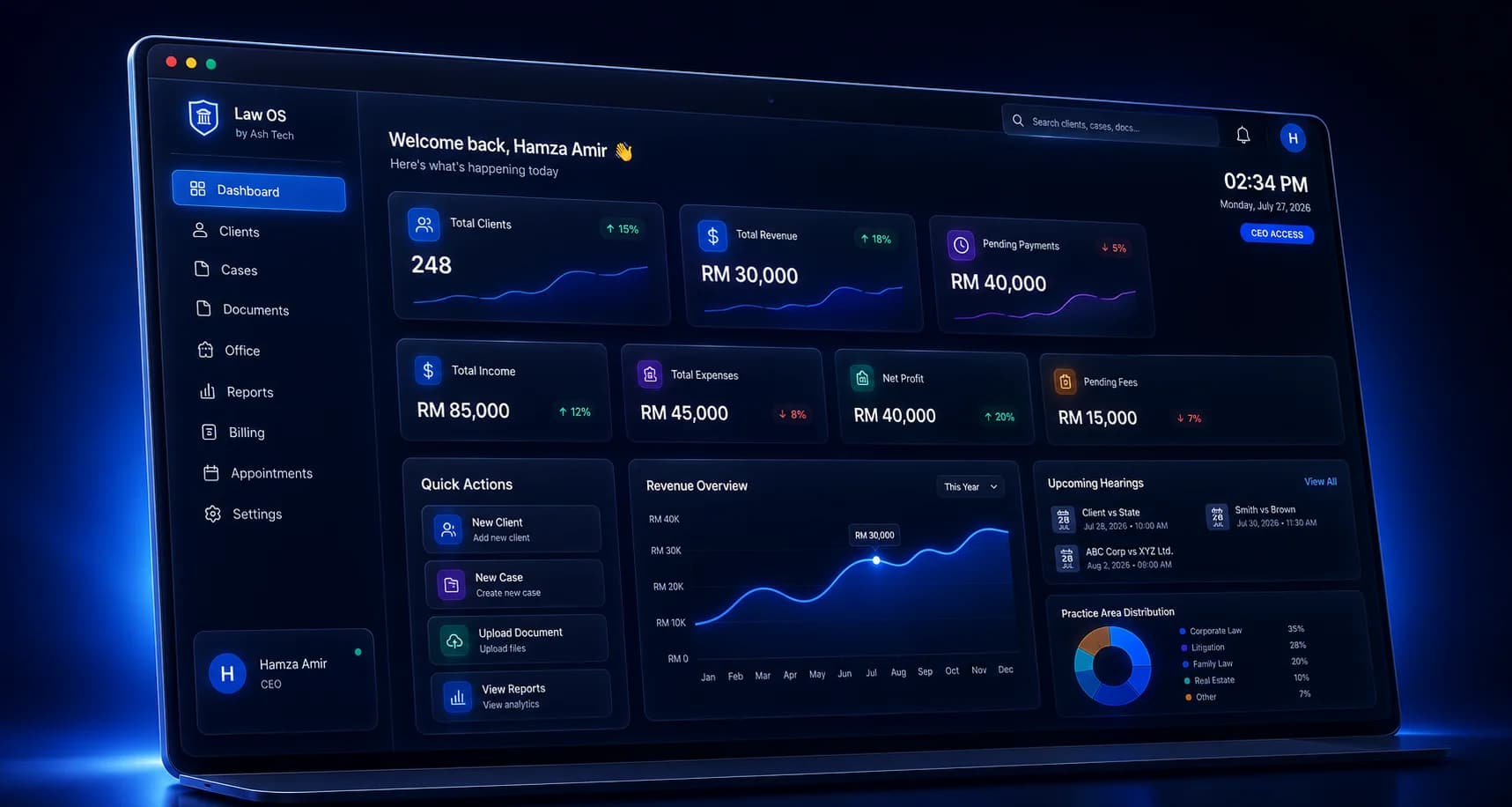 Ash Tech Legal OS dashboard showing client management, case tracking, billing, and revenue analytics for law firms